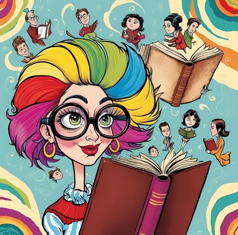 Woman, rainbow, books, people 