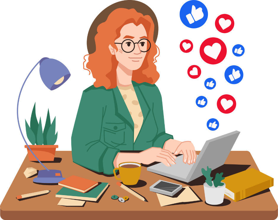 woman, hat, hearts, computer, lamp, plant