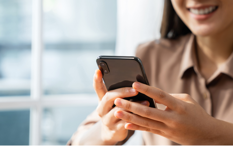 woman, cell phone, window