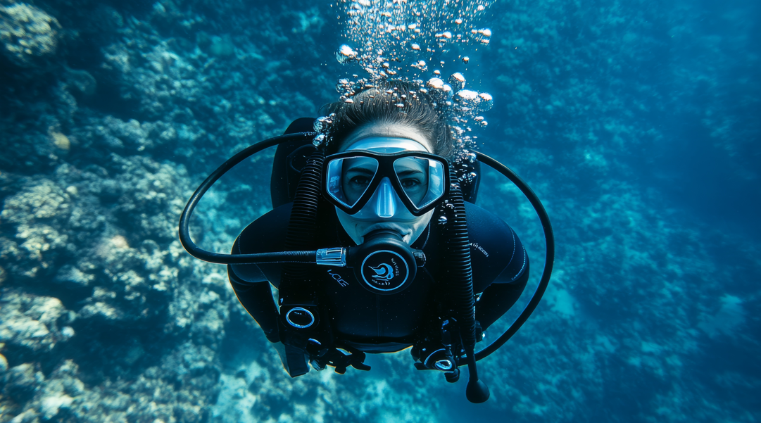 scuba diving, woman, goggles, bubbles