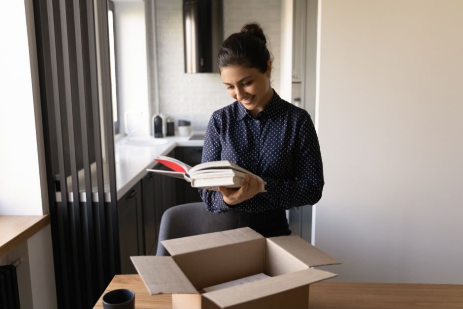 woman, books, box, house, reading