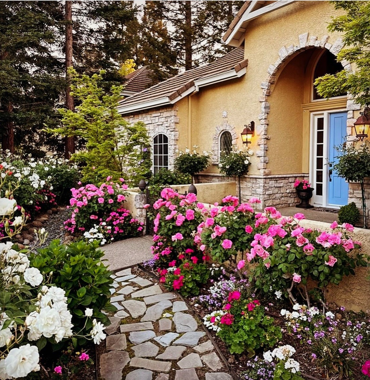 Garden, flowers, house, blue door, terra cotta, pink, white, red