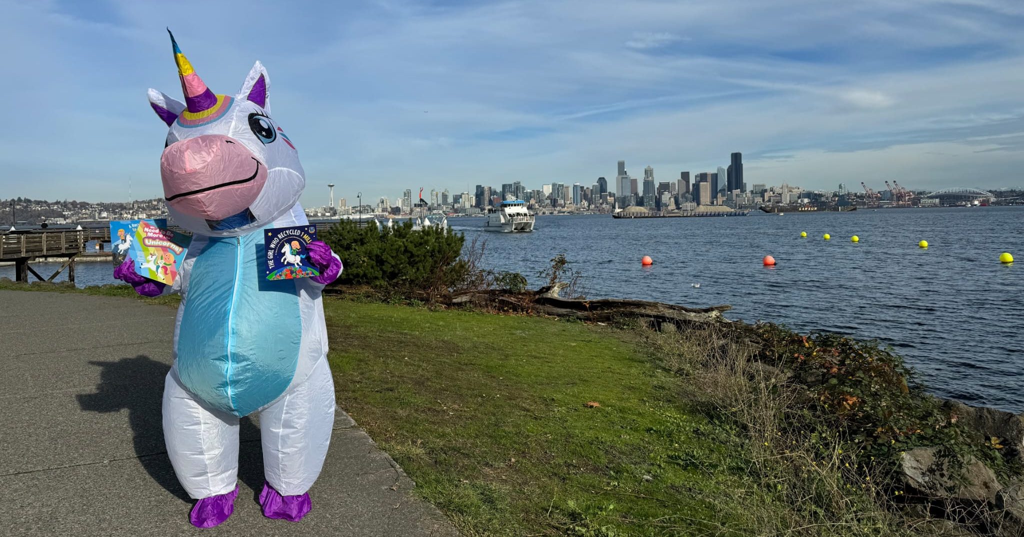 unicorn, bay, water, city, grass, book