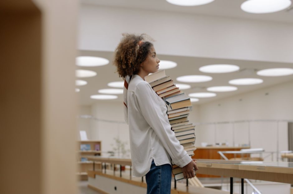 books, woman, library, white shirt
