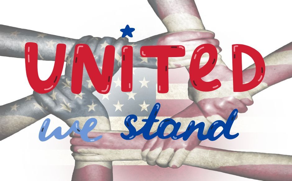 American flag, hands, United we stand, red, white, blue