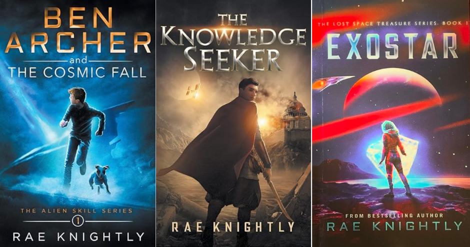 book covers, science fiction, rae knightly, blue, gold, red, black