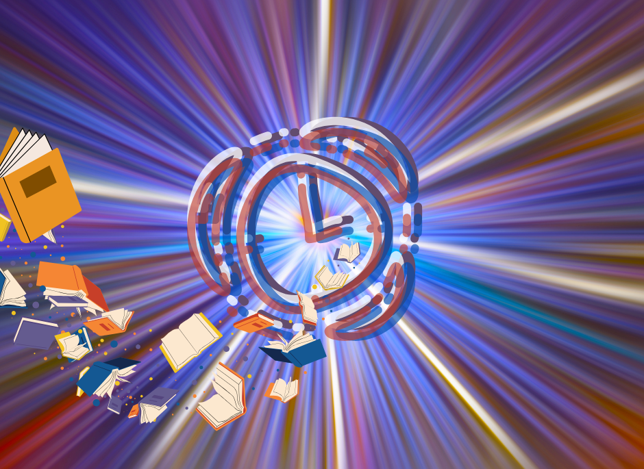 Books, clock, purple, blue, red