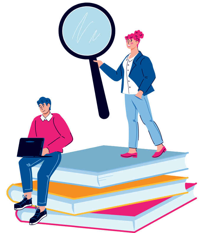 magnifying glass, books, people, reading, laptop