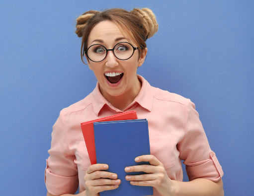excited, books, woman, glasses