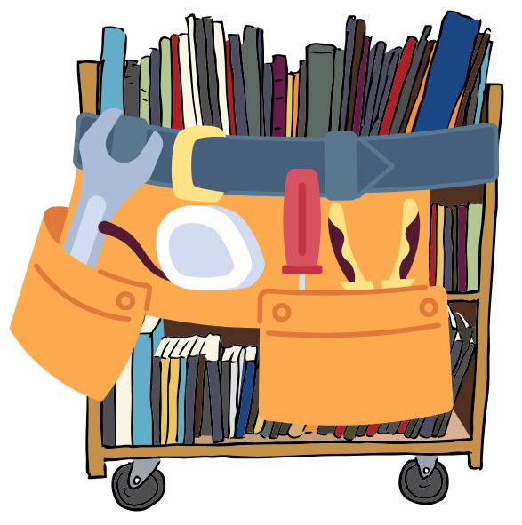 toolbelt, books, book cart, wrench, screwdriver, pliers