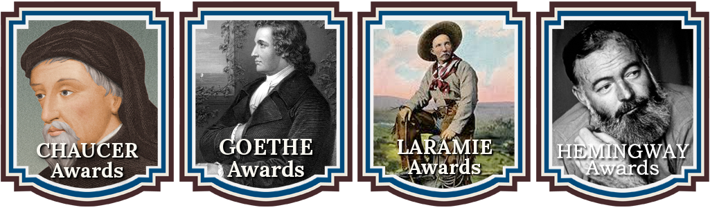 From left to right we have badges for Chaucer, Goethe, Laramie, and Hemingway