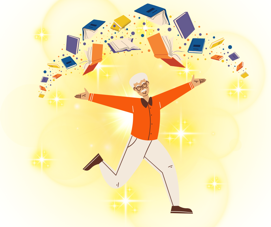 Happy, man, books, running