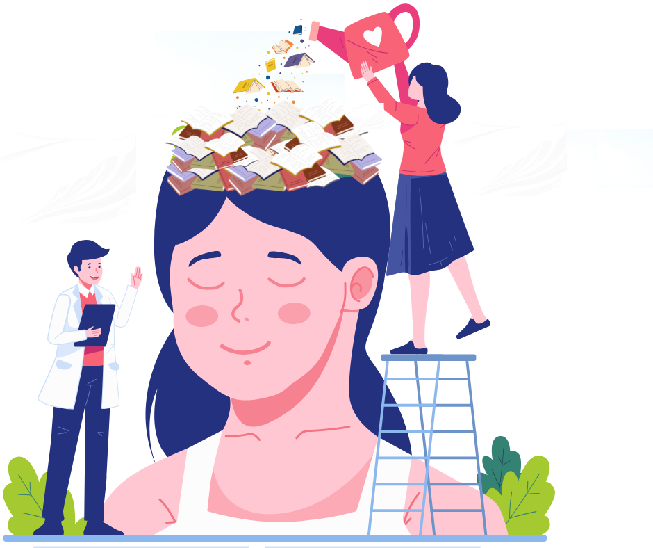 Head, woman, man, ladder, books, mental health, reading