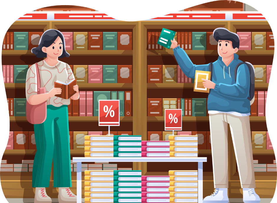 woman, man, books, sale, table, shelves