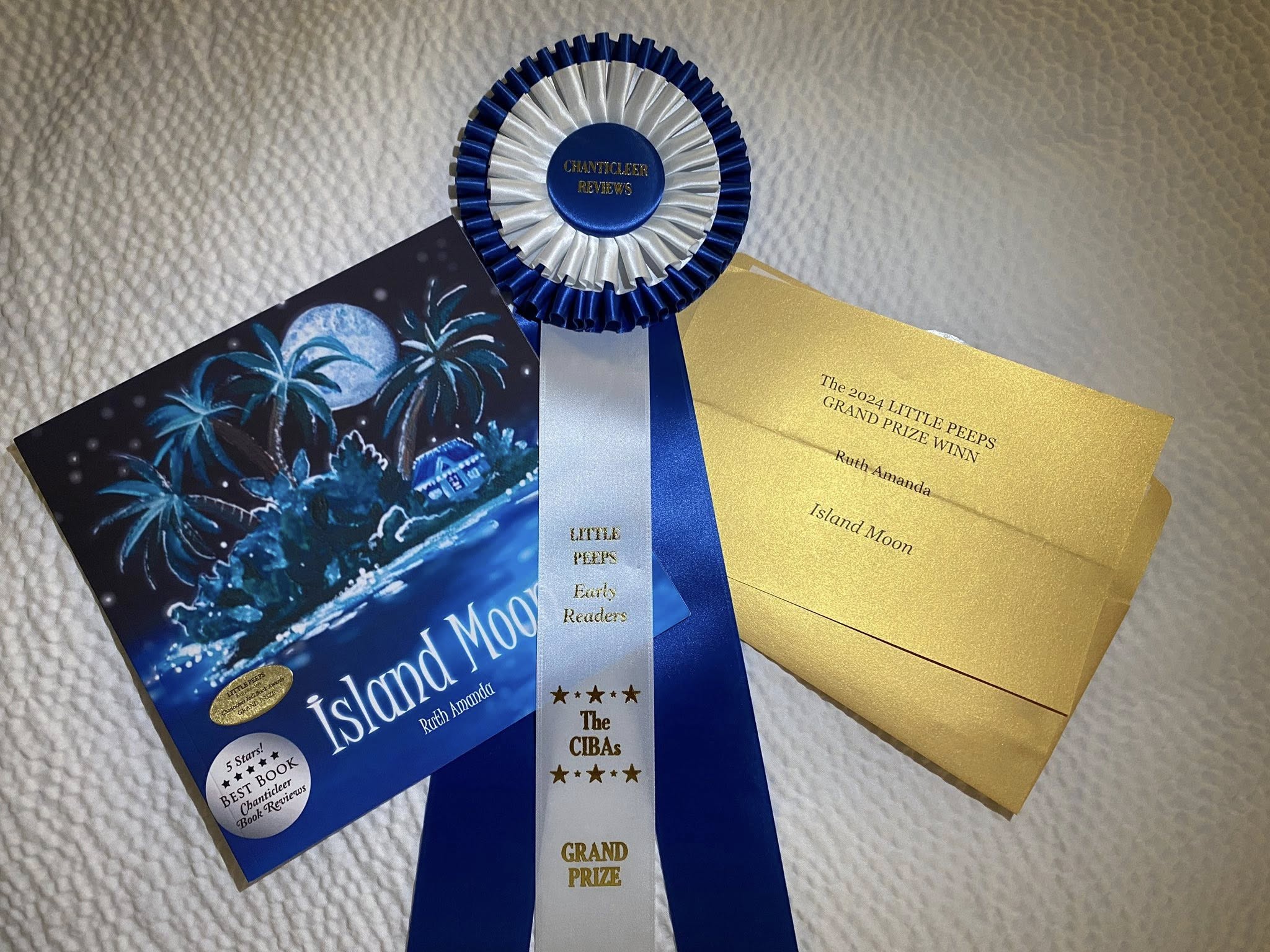 CIBA, Blue, gold, white, Island Moon, envelope, ribbon