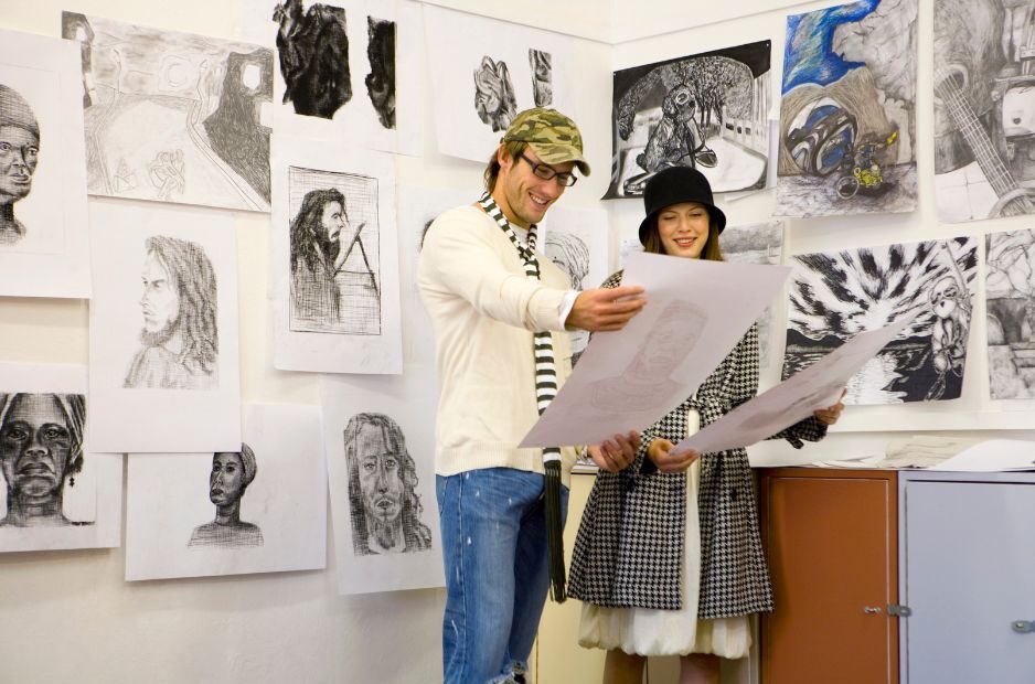 Man, woman, drawings, black, white