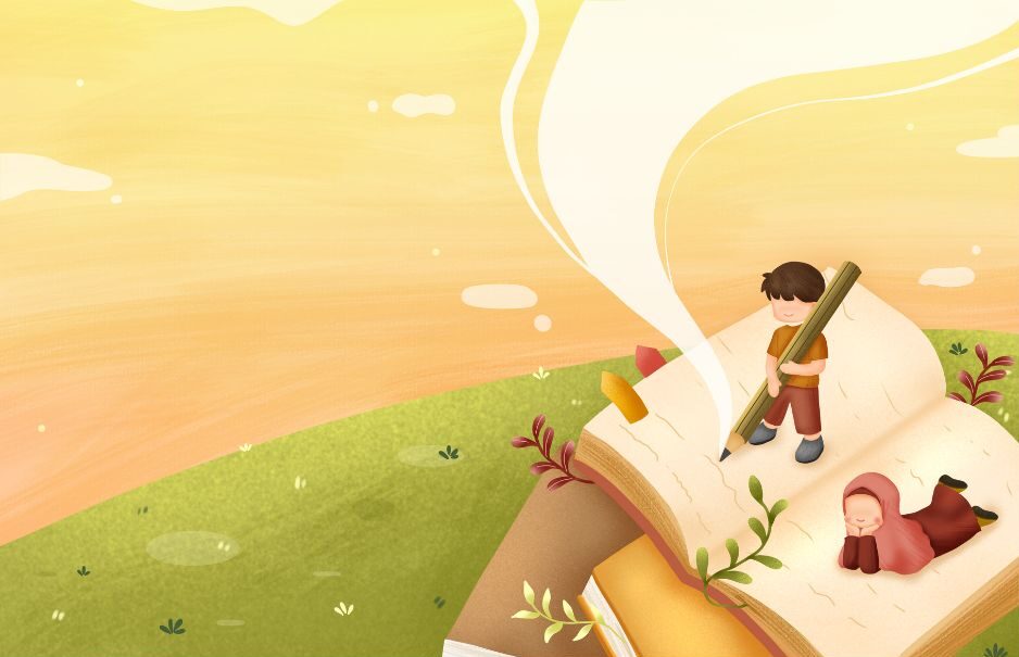 Kid, pencil, book, land, hill, sky, orange, green