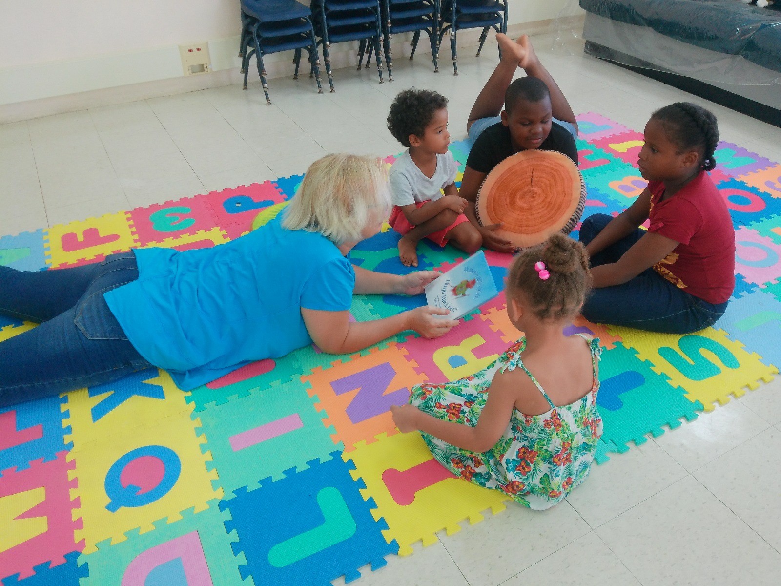 Kids, blonde, book, mat, school