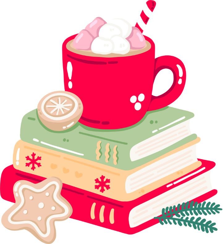 books, hot chocolate, peppermint, cookies, red, green, beige